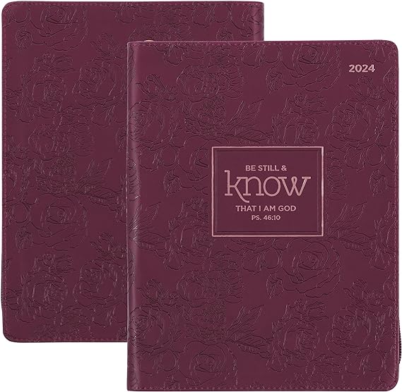 Christian Art Gifts 2024 18 Month Women's Vegan Leather Personal Planner Organizer w/Zipper Closure: Be Still & Know Inspirational Bible Verse, Daily, Weekly, Monthly Planning, Maroon Floral, Large