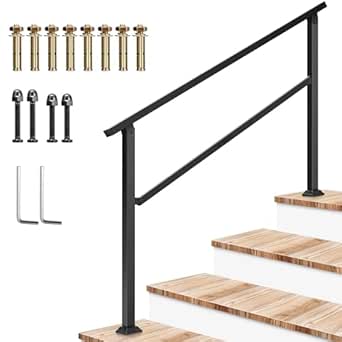 VIVOSUN Outdoor Handrail, 4 Step Stair Handrail, 54" x 36" Fits 1 to 4 Steps, Wrought Mattle Iron Handrail for Concrete Steps, Porch Steps, One-Step Assembly, Black