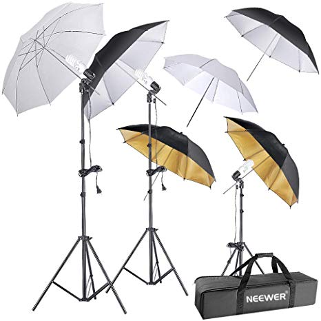 Neewer 600W 5500K Photography Umbrella Lighting Kit Photo Video Studio Continuous Lights for Portrait Shooting Daylight (Translucent/White, Black & Silver, Black & Gold Umbrellas, 3 Stands, 3 Bulbs)