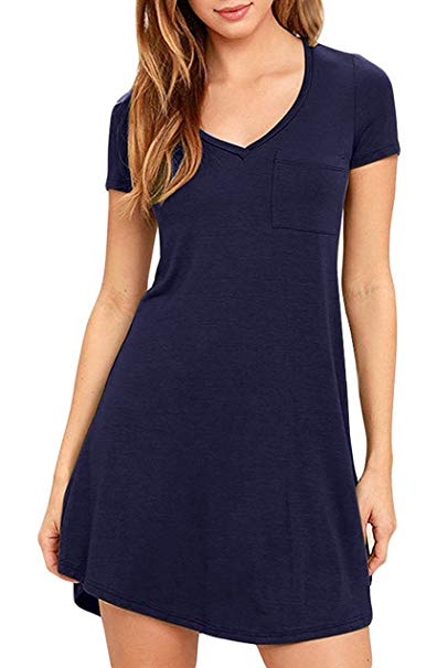 Eanklosco Womens Casual Long/Short Sleeve Plain Pocket V Neck T Shirt Tunics Lace Swing Dress