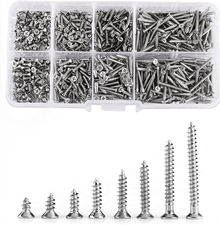 Walfront 800 Pcs M2 Cross Flat Head Screws,4mm-20mm(8 Sizes) Length Nickle-plated Carbon Steel Self-tapping Screws Woodworking Screws Fasteners Assortment Kit with Storage Box