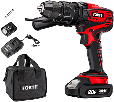 FORTE Hammer Drill Kit Cordless 20V MAX 1/2 IN. with Lithium Battery and Qucik Charger, Variable Speed Trigger & 360° Rotatable Handle, Speed Setting Knob for Wood, Steel