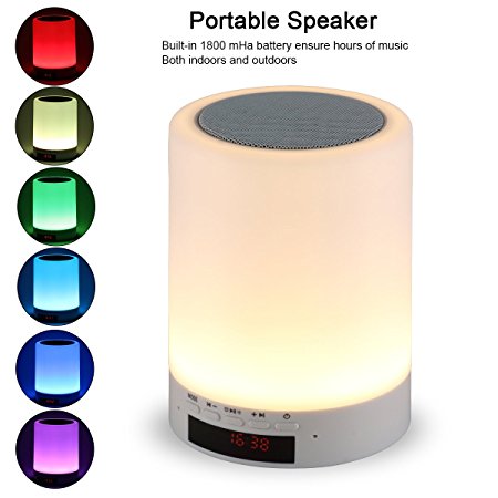 Night light bluetooth speaker, Tranesca Portable Wireless Bluetooth Speaker with 7 color LED light, warm night light and alarm clock