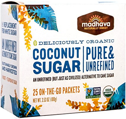 Madhava Naturally Sweet Organic Pure & Unrefined Coconut Sugar, 25 Single Serve Packets, 3.53 Ounce Box