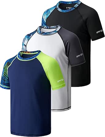 Liberty Pro 3 Pack Boys' UPF 50  Rash Guard Short Sleeve Swim Shirts, Quick Dry UV Protection Swimwear for Kids