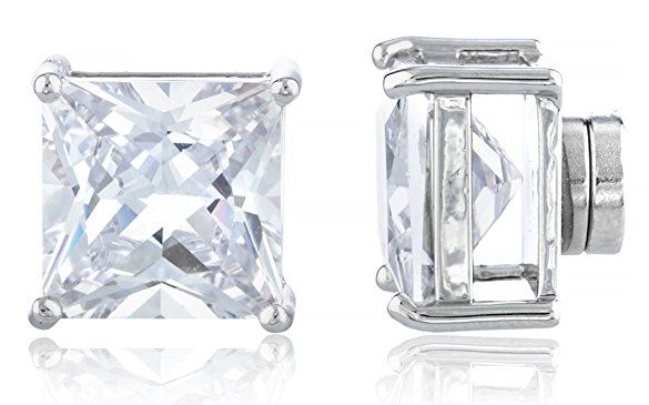 New & Improved! Silvertone with Clear Cz Square Magnetic Stud Earrings - 4mm to 12mm Available