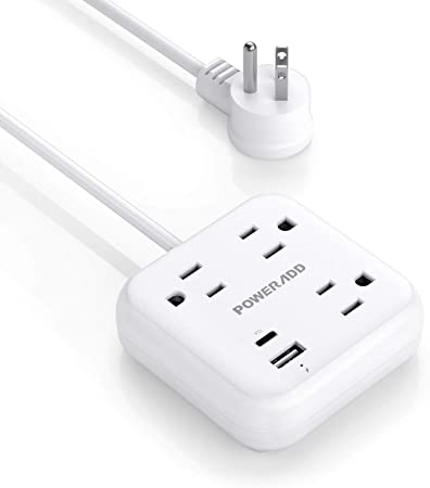 Poweradd USB C Power Strip with 3 AC Outlets, PD (Power Delivery) 18W Charging Port & 1 USB QC(Quick Charge) 3.0 Charging Port, 100V-250V Compact, Flat Plug for Cruise Ship, Hotel, Dorm Room and Home (5 Feet)