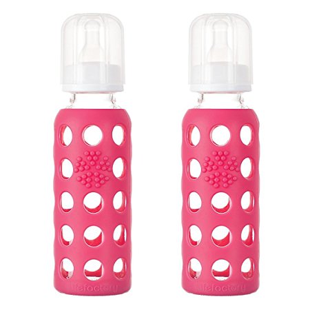 Lifefactory Glass Baby Bottle with Silicone Sleeve, 2 Pack (Raspberry, 9oz)