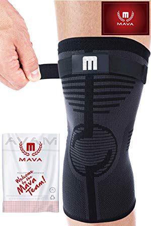 Mava Knee Sleeve - Knee Support with Adjustable Strap -Does NOT ROLL Down- Compression Knee Brace for Men & Women -Weightlifting, Running, Workout, ACL - Pain Relief - Check Sizing Chart - ONE Piece