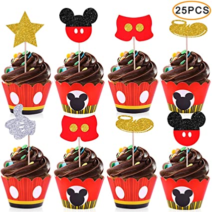 Mickey Cupcake Toppers Wrappers Kids Birthday Micky Party Supplies-25 Topper 25 Wrappers