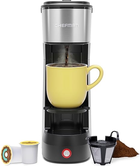 Chefman Single Serve Coffee Maker, K Cup Coffee Machine: Compatible with K-Cup Pods and Ground Coffee, Brew 6 to 14oz Cup Drip Coffee Maker, Cup Lift, Filter Included