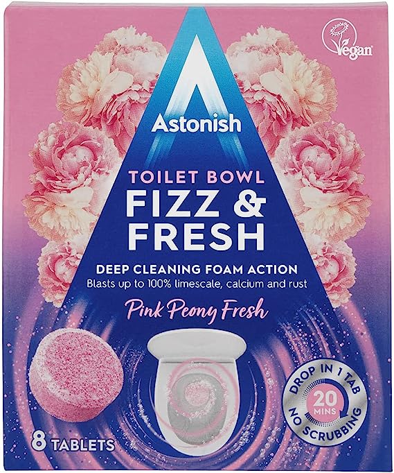 Astonish Toilet Bowl Fizz & Fresh Deep Cleaning Foam Action Tabs | 8 Toilet Block Tablets, Pink Peony Fresh