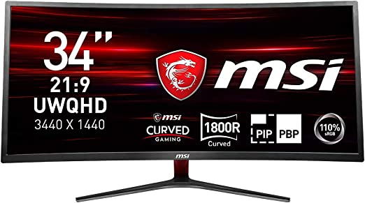 MSI Optix MAG341CQ Curved Gaming Monitor 34 Inch, UWQHD, VA, 100 Hz, 3440 x 1440, 1440p, 1800R, DisplayPort, 2x HDMI, DVI-D, Adjustable Stand, AMD FreeSync