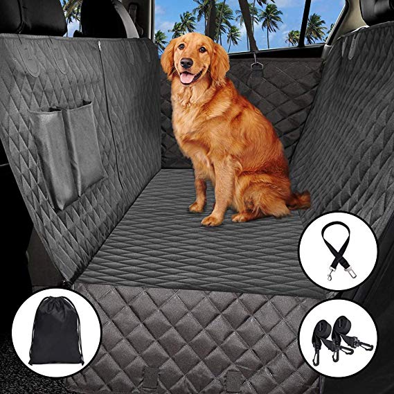 ADOV Dog Car Seat Cover, Heavy Duty Waterproof Scratch Proof Pet Travel Hammock with Seat Belt, Machine Washable Durable Nonslip Soft Padded Back Seat Protector Mat Fits All Cars Trucks SUVs