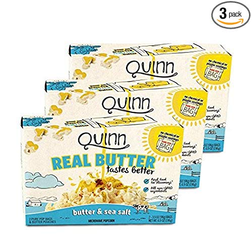 Quinn Snacks Real Butter Tastes Better - Microwave Popcorn Made With Grass-Fed Butter - Great Snack Food For Movie Night - Butter & Sea Salt, 3.4 ounce (3 Count)