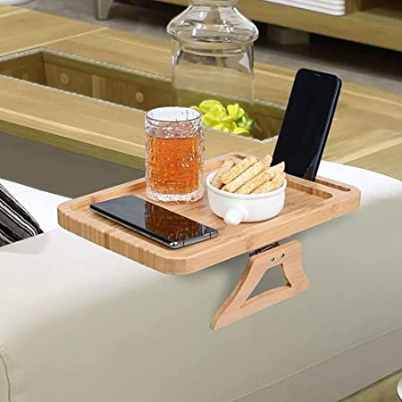 Bamboo Couch Tray - Sofa Arm Table Holder for Food, Snack, Drinks, Beverage Coaster - Universal Size Couch Arm Table, Durable & Portable - Suitable for Cups, Glasses, Remote, Phone