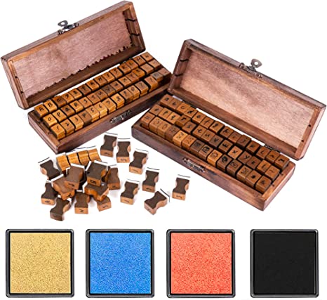 Rancco Alphabet Stamps for Crafts w/ 4 Ink Pad, 84 Pc Vintage Wooden Rubber Stamps w/ Storage Box, 2 Set Mini Handwriting Number, Symbol & Letter Stamps for Gift Card Making, DIY Scrapbook, Clay Craft