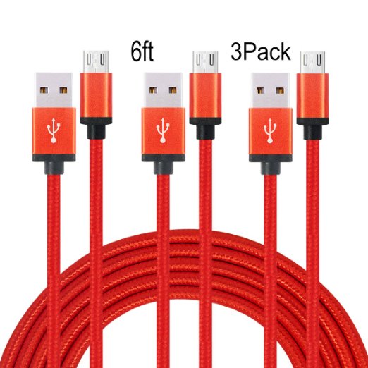 Suplink 3pack 6ft Micro USB to USB Cable 2.0 6ft Nylon Braided Extremely Long USB Charging Cable for Android, Samsung Galaxy, HTC, Nokia, Huawei, Sony and Other Tablet Smartphone (Red)