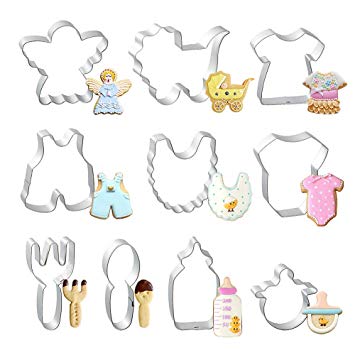 10 PCS Baby Shower Cookie Cutters Stainless Steel, Cute Molds for Biscuit, Fondant, Fruit, Bread - Onesie, Bib, Stroller, Bottle, Nipple, Angel, Fork, Spoon, Overalls, Outfit