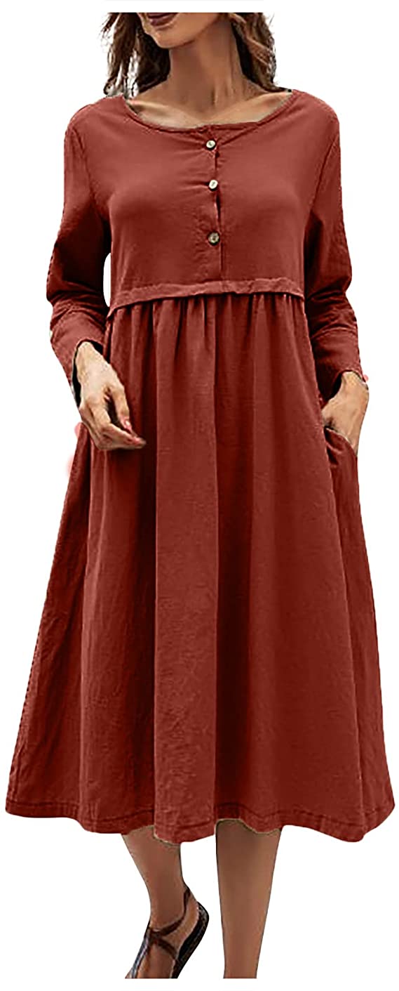 Plain Maxi Long Dress Women's Kaftan Cotton Long Sleeve Casaul Oversized Dress