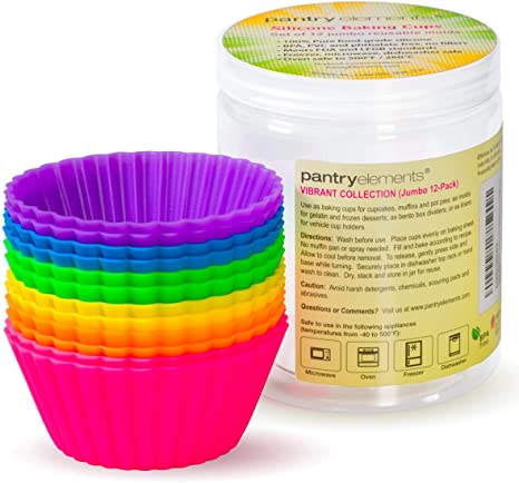 Pantry Elements Jumbo Silicone Muffin Cups - 12 Large 3-5/8 inch Baking Liners with Bonus Screw Top Storage Jar