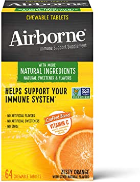 Airborne Vitamin C Blend Zesty Orange Chewable Tablets, Airborne (64 Count in Box), Zesty Orange, 64 Count