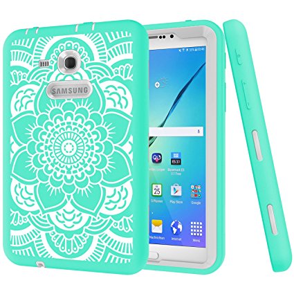 Galaxy Tab 3 Lite 7.0 Case,Galaxy Tab E Lite 7.0 Case, High Impact Rugged Cover for Galaxy Tab E lite 7.0 SM-T113 & Tab 3 Lite T110 / T111 / T116 (Flower Mint Green /Grey)