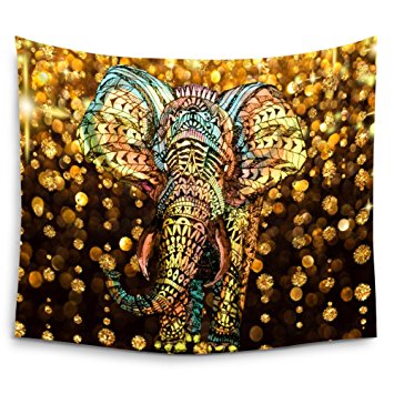 Mugod Elephant Tapestry Aztec Gold Elephant With Gold Rain Shine Flicker Glow Jewelry Stones Light Wall Hanging Tapestry - Polyester Fabric Wall Art Tapestries Home Decor - 60"H x 90"W Inches