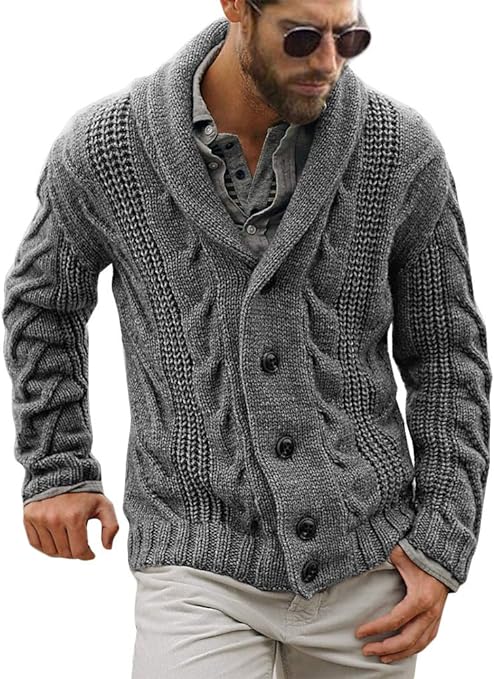 Mens Cable Knit Cardigan Sweater Shawl Collar Loose Fit Long Sleeve Casual Cardigans