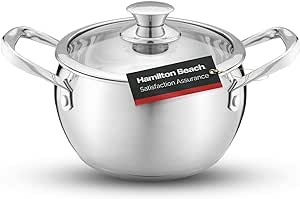 Hamilton Beach 4QT Stainless Steel Belly Design Dutch Oven Pot with Glass Lid and Stay-Cool Riveted Handles, Multipurpose Stewpot Skillet, Compatible with All Stove Tops, Oven & Dishwasher Safe