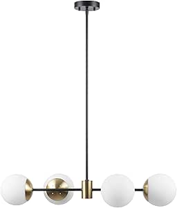 Globe Electric 67000064 4-Light Convertible Flush Mount Chandelier, Matte Black, Matte Brass Accents, Opal Glass, Light Fixtures Ceiling Mount, Dining Room, Flush Mount, Bulb Not Included