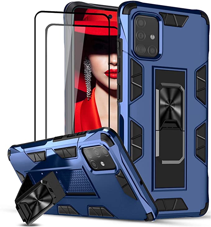 Samsung A51 Case (Not Fit A51 5G Version), Samsung Galaxy A51 Case with 2 Tempered Glass Screen Protector, LeYi Military-Grade Shockproof Built-in Car Mount Kickstand Protective Case for A51, Blue