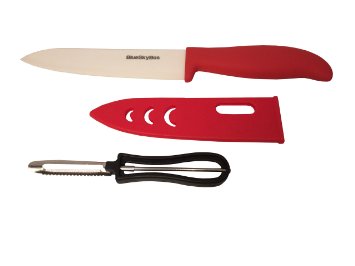 2 IN 1 SET: 6-inch Ultra Sharp Lightweight Ceramic Knife and a Stainless Steel Veggie Swivel Peeler with Comfortable ABS plastic handle, Great Kitchen Tool Set by BlueSkyBos® (6 inch, Red)