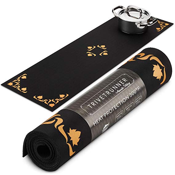 Trivetrunner:Decorative Trivet and Kitchen Table Runners Handles Heat Up to 300 F Protects Countertops and Surfaces from Hot Plates, Pots and Dishware (Black and Gold)