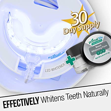 Glow LED Teeth Whitening Kit, Safe and Guarenteed Results (No Chemicals or Peroxides) 30 day supply All-Natural Teeth Whitening Paste, Made in the USA, 16 Bright LEDs Targeted to Naturally Whiten