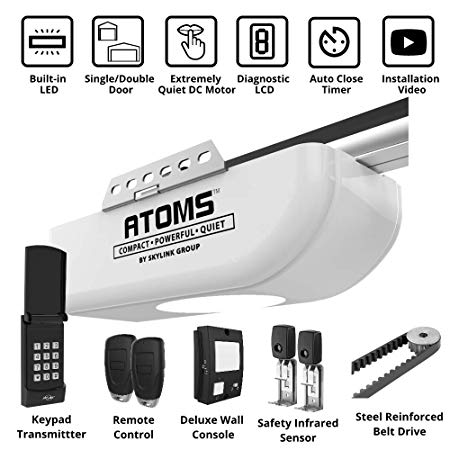 Atoms AT-1622BK – by Skylink 1/2 HPF Garage Door Opener with Extremely Quiet DC Motor, Built-in Led Light, Remote Controls, Keypad Keyless Entry, Deluxe Wall Console, Belt Drive