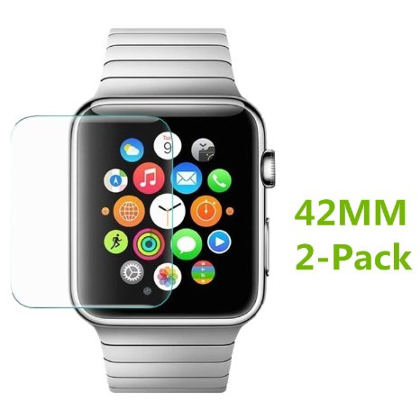 iWatch 42MM Screen Protector MouKou 2-Pack Apple Watch iWatch 42MM Screen Protectors Tempered Glass Screen Protector for iWatch 42MM ONLY Lifetime Warranty