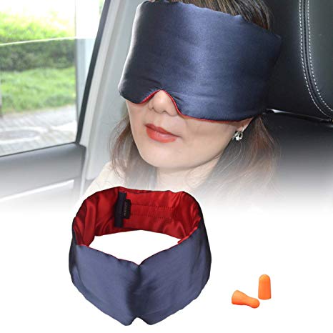 GYSSIEN 100% Silk Sleep Mask, Men and Women Sleep Eye Mask with Ear Plugs for Sleep, Napping and Travel (Navy+Red)