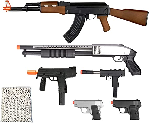 Airsoft Toy Gun Package Bundle All in One with Powerful Spring AK Rifle, SMG, Shotgun, Pistols and 2000 Round BBS for Airsoft Beginner Pack, Birthday Gift Present for Boys