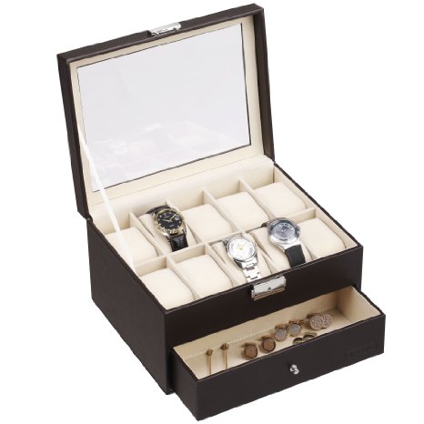 VonHaus Brown Faux Leather 10 Watch and Cufflink/Jewelry Display Box with Drawer