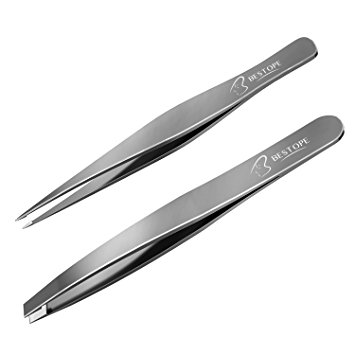 BESTOPE Tweezers Set - 2 Pack of Stainless Steel Slant-Tip and Pointed-Tip Tweezers Set - Best Precision Eyebrow and Splinter Ingrown Hair Facial Hair Removal Tweezers for Women and Men