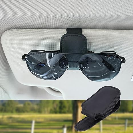 Amooca Magnetic Leather Sunglasses Holder for Car Sun Visor, Eyeglass Hanger Clip for Car SUV, Car Interrior Accessories Eyeglasses Mount Black