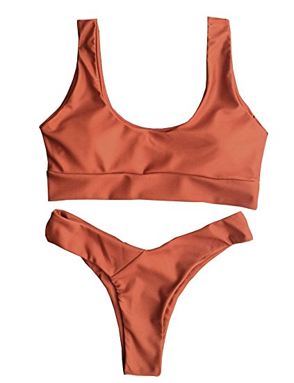 FLEAP Women's 2 Pieces Push Up Padded Swimsuit Revealing Thong Bikinis V Bottom Style Brazilian Bottom Bra Sets