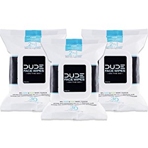 DUDE Face Wipes, Unscented for Sensitive Skin, Infused with Sea Salt & Aloe (3 Packs, 30 Wipes per Pack)