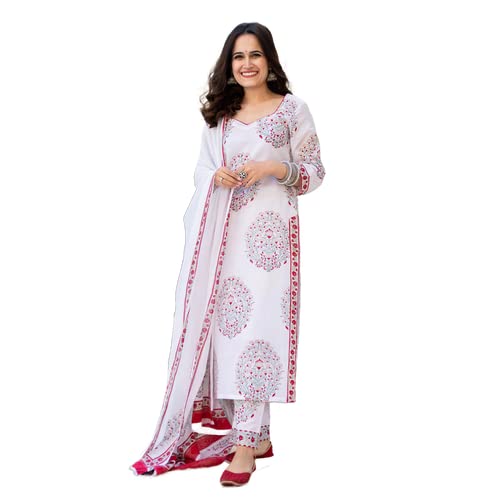 Royal Export Women's White Color Floral Printed Straight Viscose Kurta with Pant & Dupatta Set