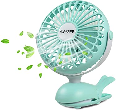 APUPPY Battery Operated Clip Fan, Portable Battery Powered Quiet Desk Fan with 5 Blades Cute Whale Design for Baby Stroller Office Trave (Green,6inch)