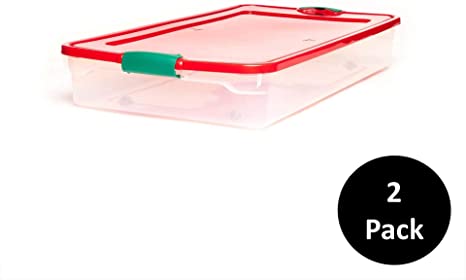 HOMZ Holiday Plastic Underbed Storage, 60 Quart, Red/Green, 2 Pack
