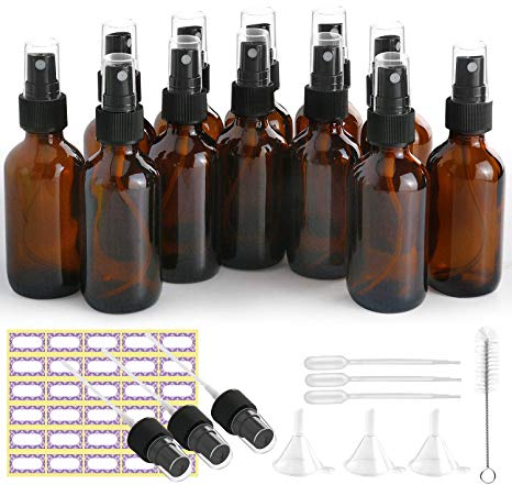 Glass Spray Bottles, ESARORA 12 Pack 2oz Amber Glass Spray Bottle Set Fit for Essential Oils - Cleaning Products - Aromatherapy