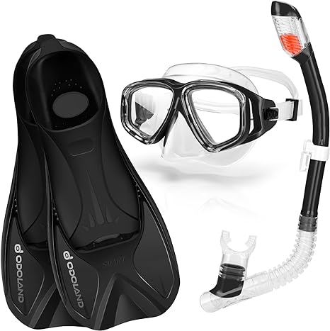 Odoland Snorkeling Package,Snorkel Set with Dry Top Diving Mask Fins for Adults & Youth, Panoramic View Mask Fins with Travel Bag, Anti-Fog & Anti-Leak Scuba Diving Gear for Men Women