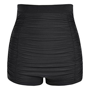 Hilor Women's Retro Ultra High Waisted Swim Bottom Boy Leg Tankini Shorts Ruched Swimwear Briefs